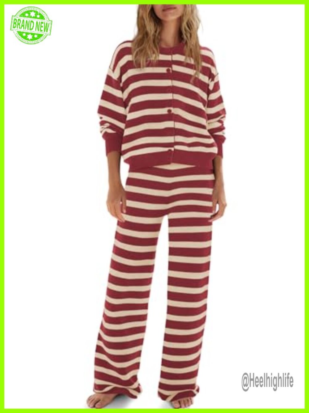 Womens Oversized Striped 2 Piece Set Button Up Cardigan Wide Leg Pants Lounge